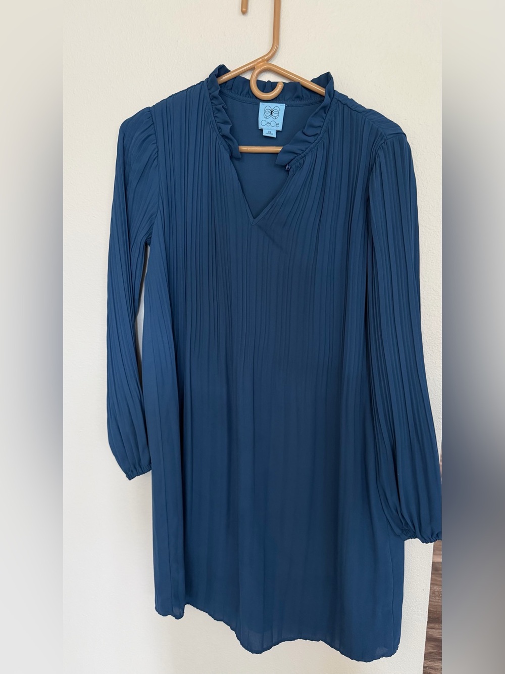 CeCe Deep Blue Pleated V-Neck Long Sleeve Dress